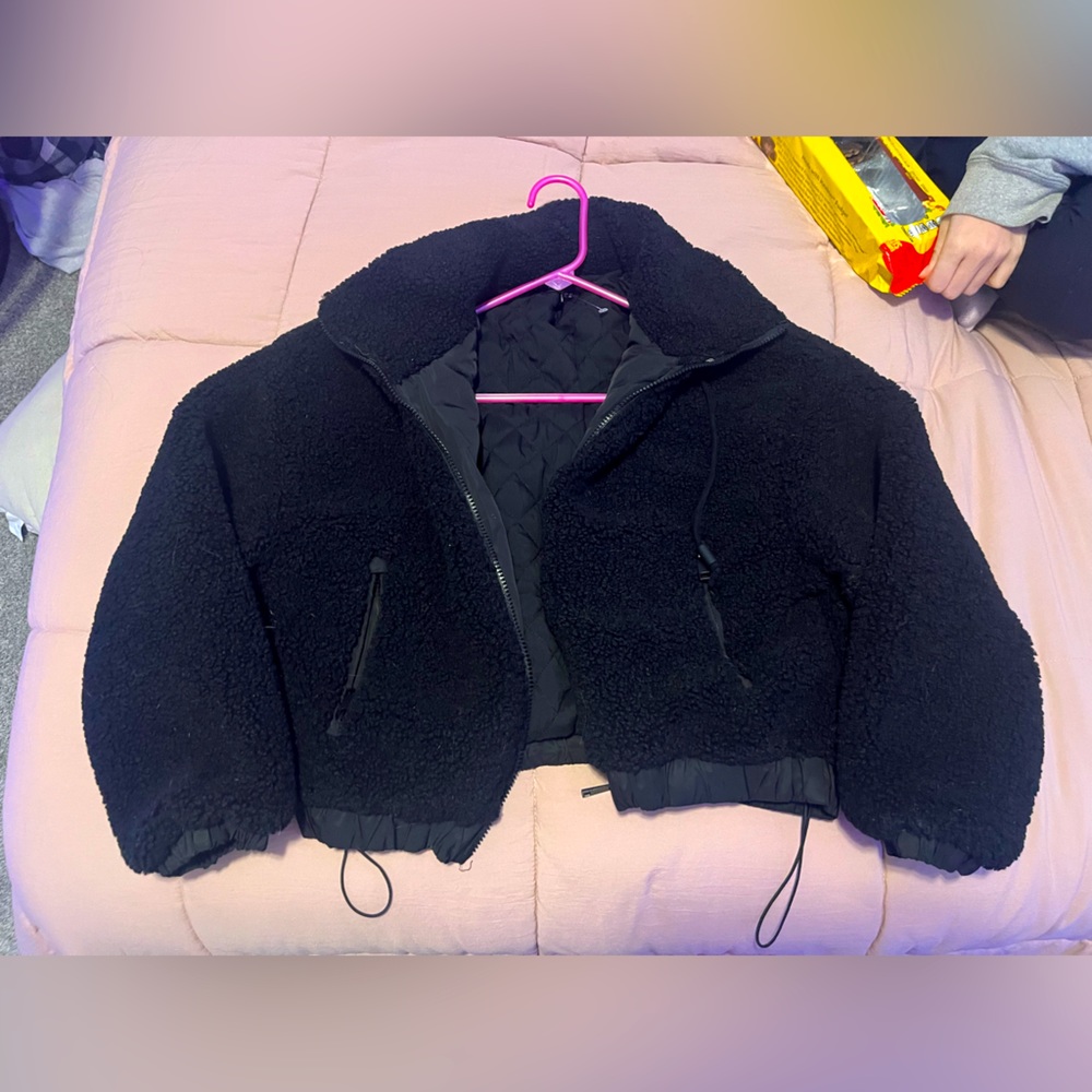 Black, fluffy/fuzzy jacket cropped jacket never worn.